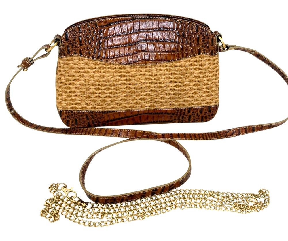 Brahmin Woven Rattan Croc Embossed Leather Small Crossbody Bag Pecan Brown